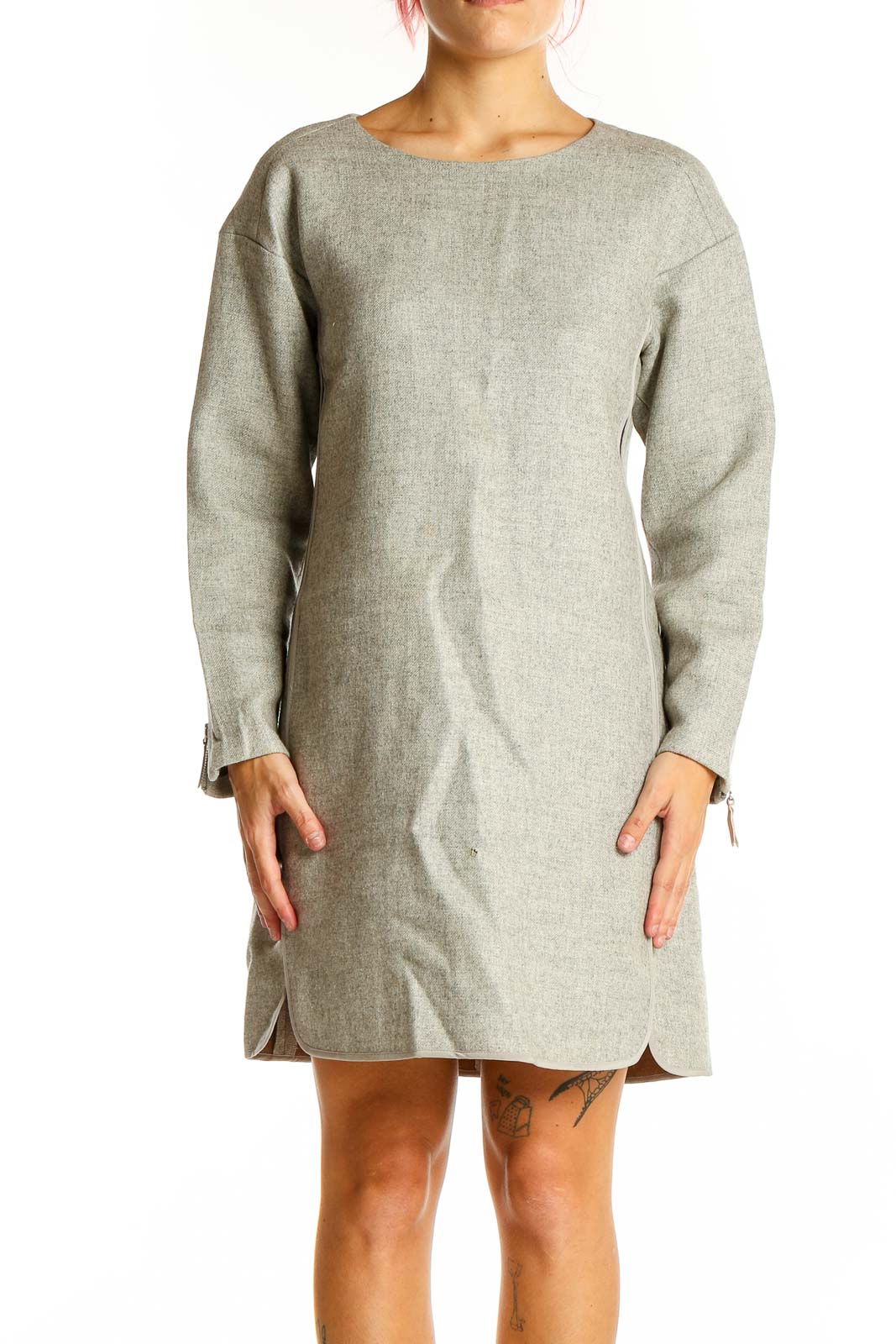 Gray Wool Blend Long Sleeve Shift Dress Front