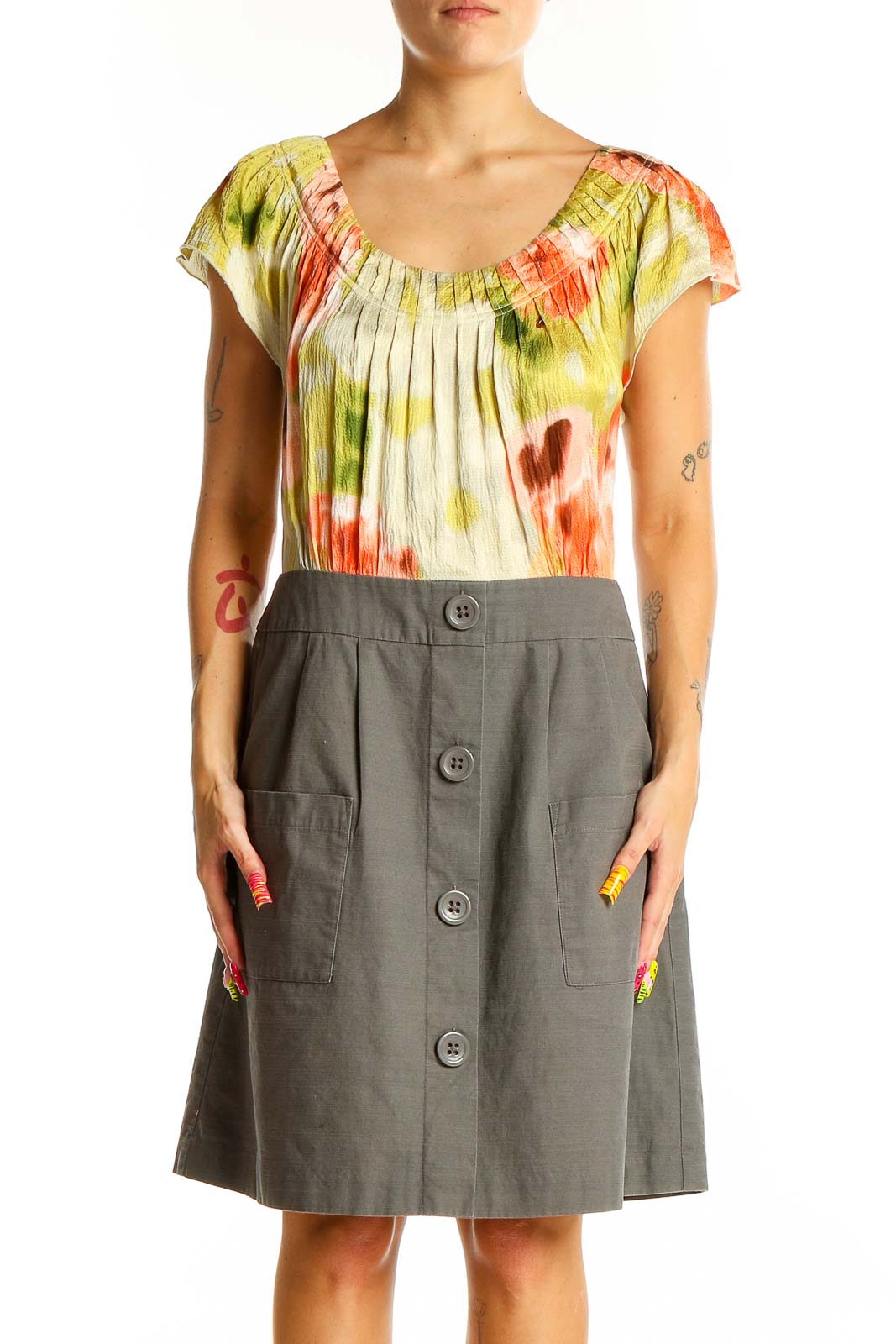 Multicolor Floral Pleated Bodice Dress Front