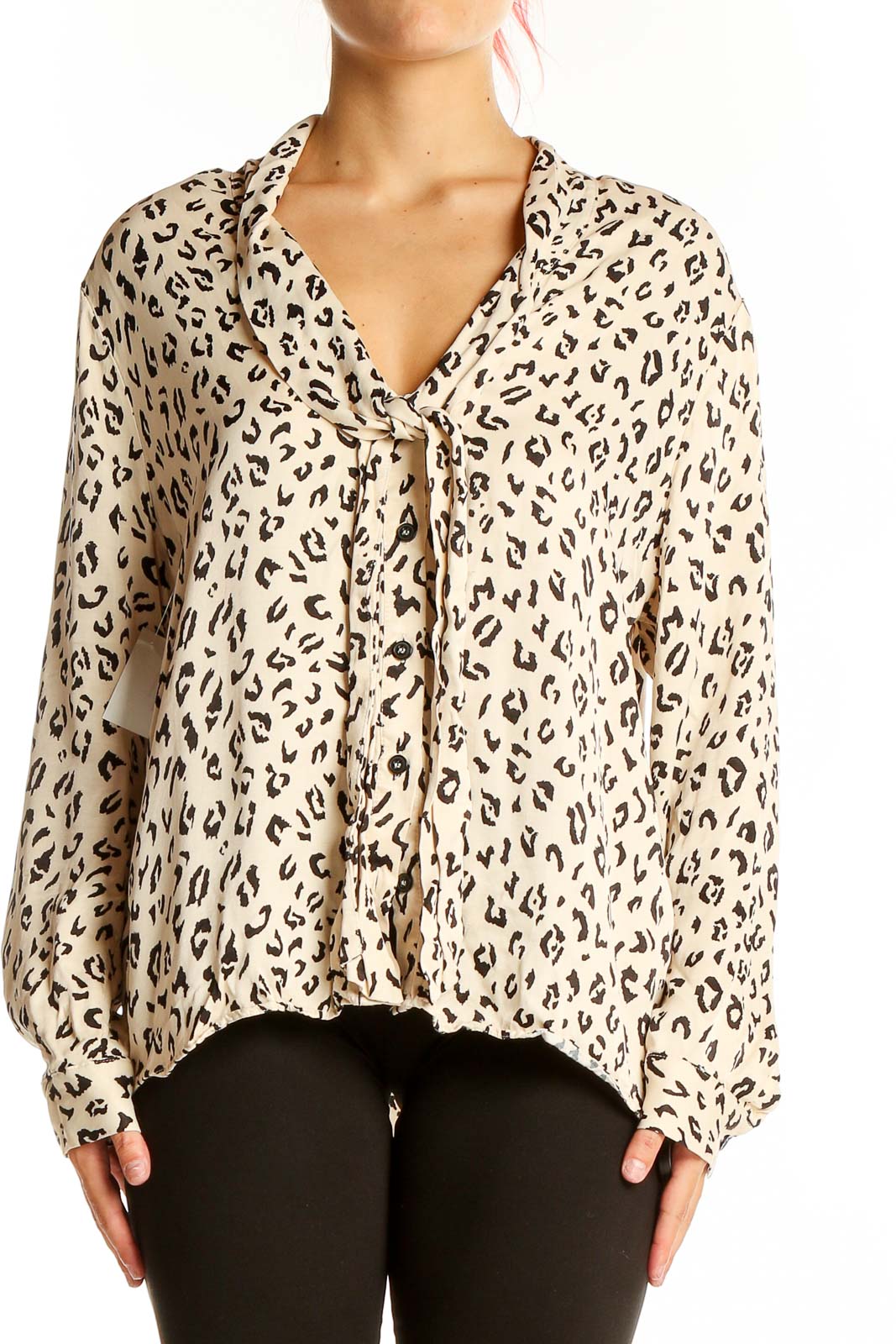 Beige Leopard Print Tie-Front Blouse Front
