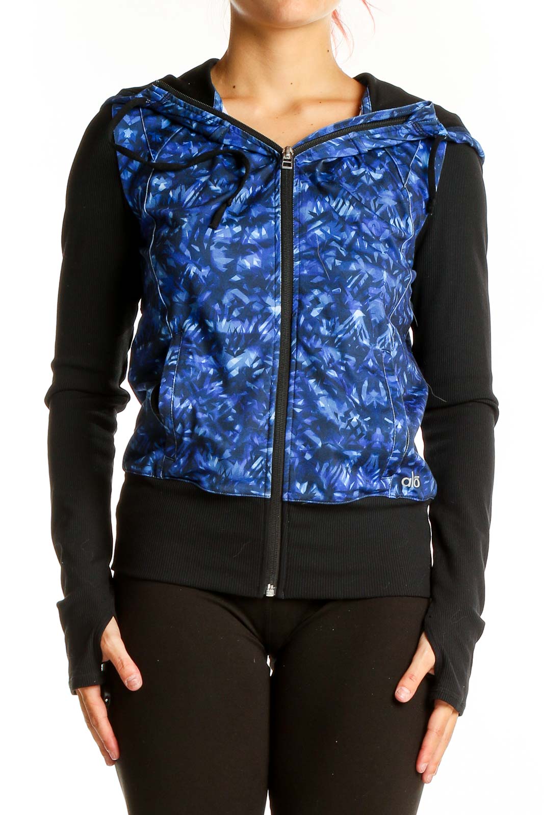 Blue Patterned Activewear Zip-Up Jacket Front