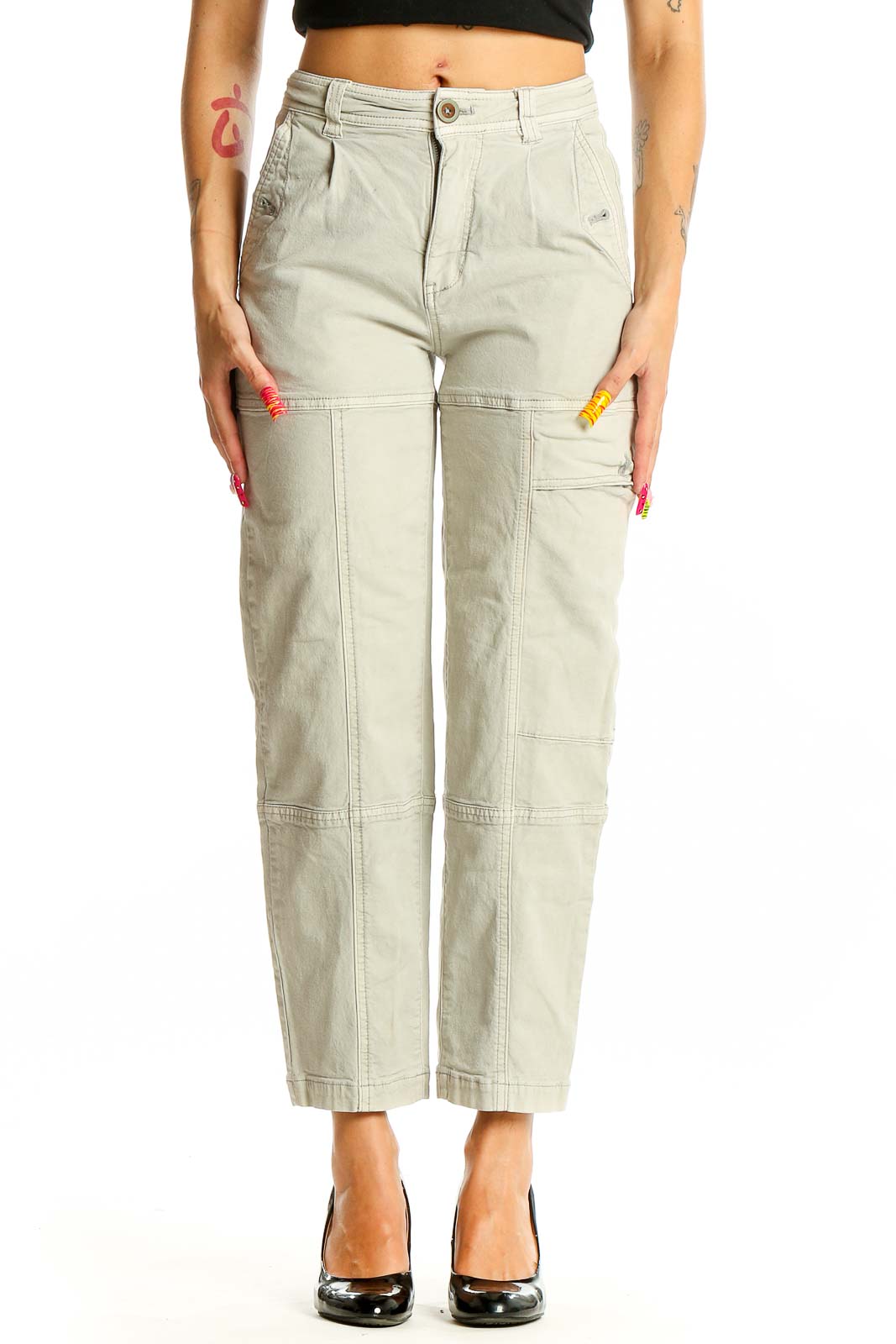 Beige High-Waisted Cargo Pants Front