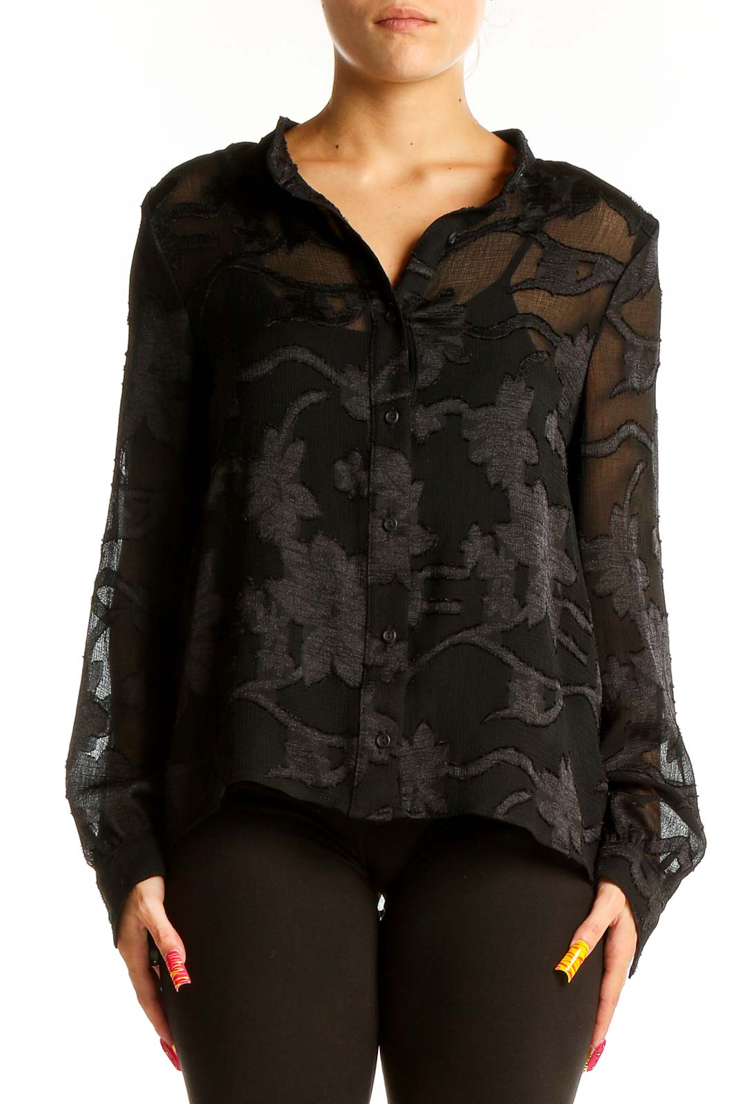 Black Sheer Floral Button-Up Blouse Front