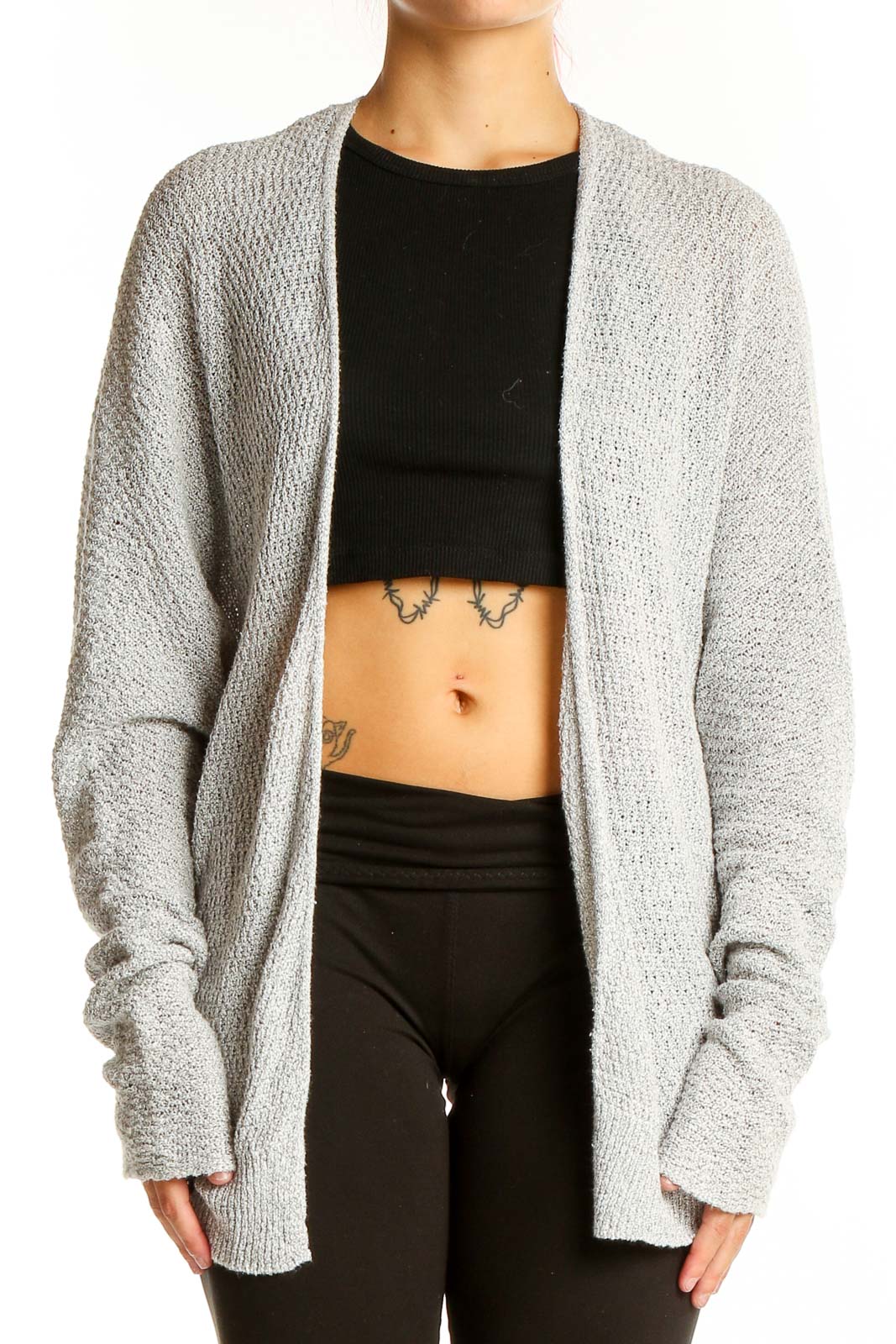 Gray Open-Front Knit Cardigan Front