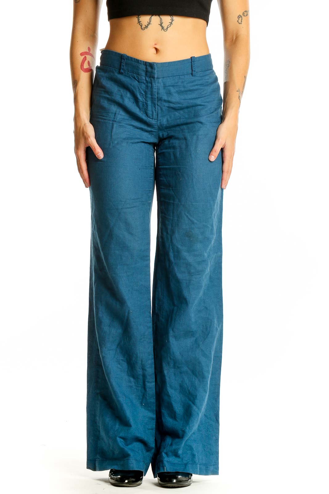 Teal Wide-Leg Cotton-Linen Blend Pants Front
