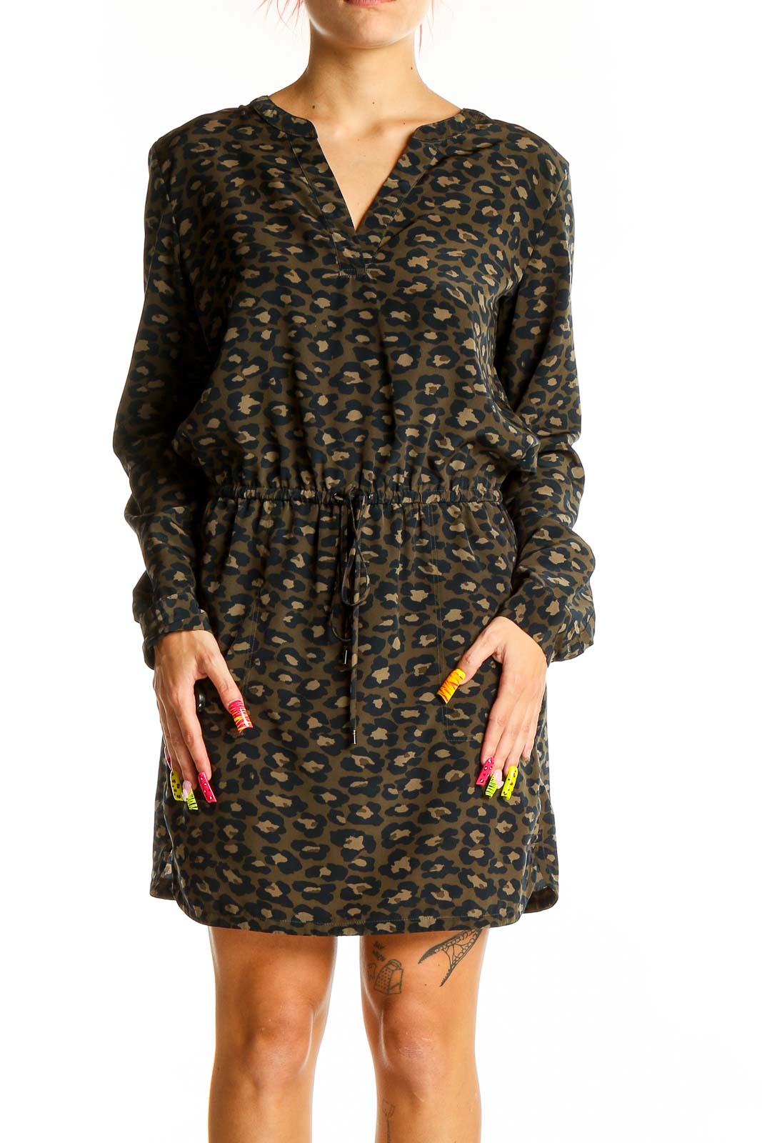 Olive Leopard Print Drawstring Dress Front