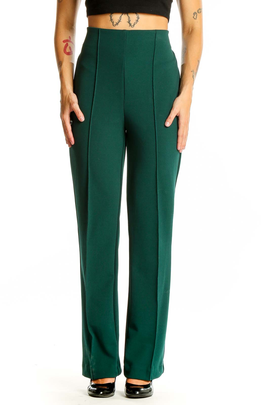 Green Straight Solid Pants Front