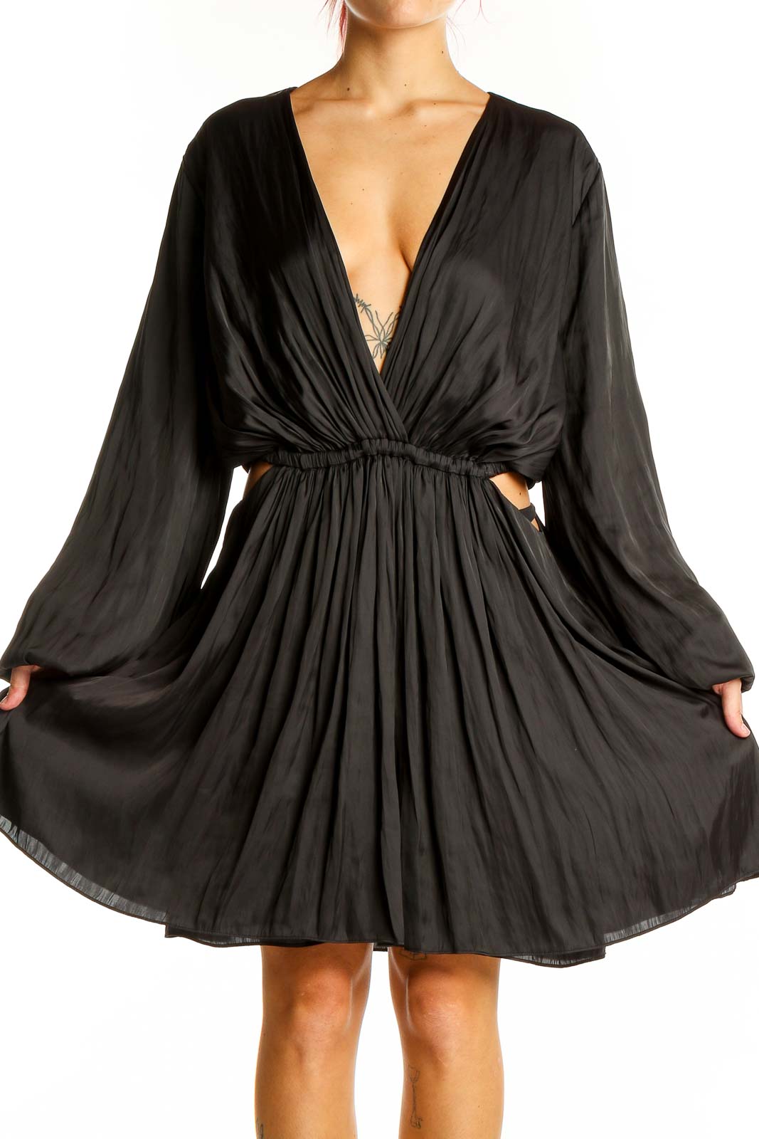 Gray Plunge Neck Solid Dress Front