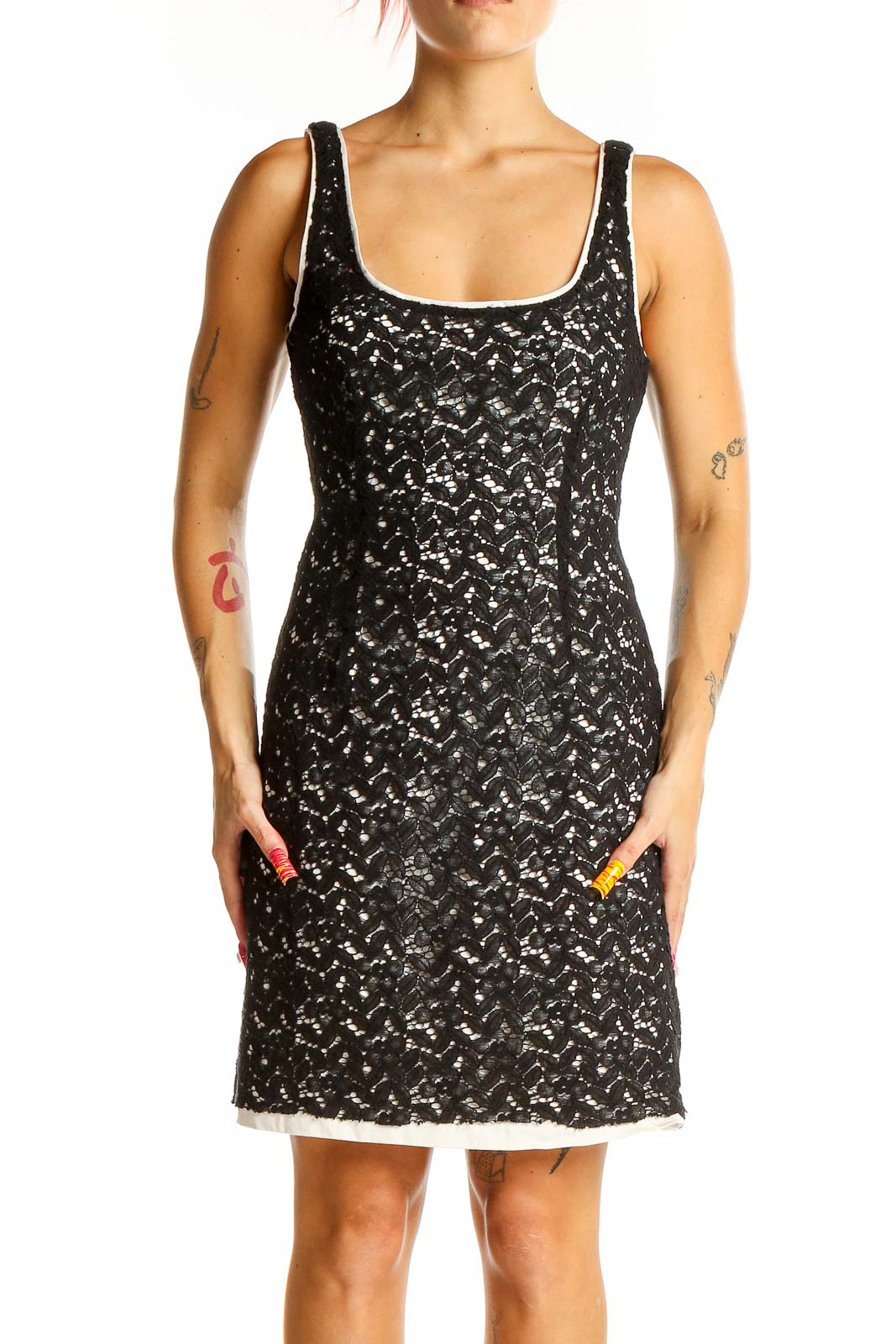 Black Lace Overlay Sleeveless Cocktail Dress Front