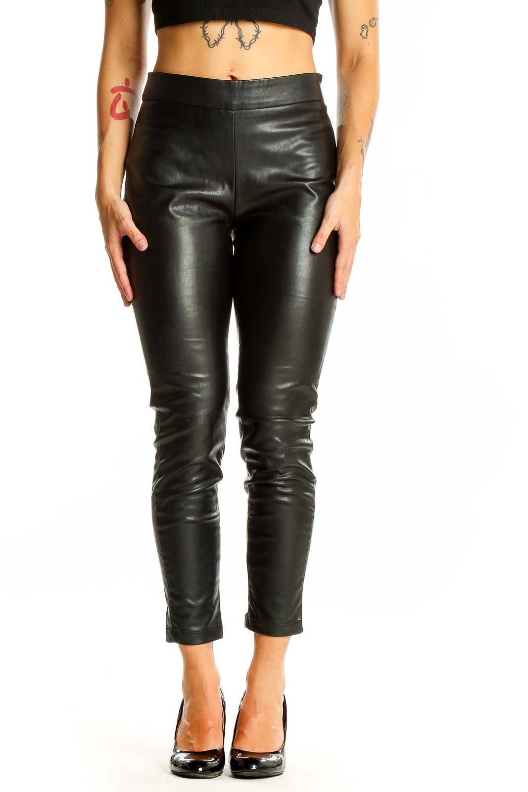 Black Faux Leather Slim-Fit Pants Front
