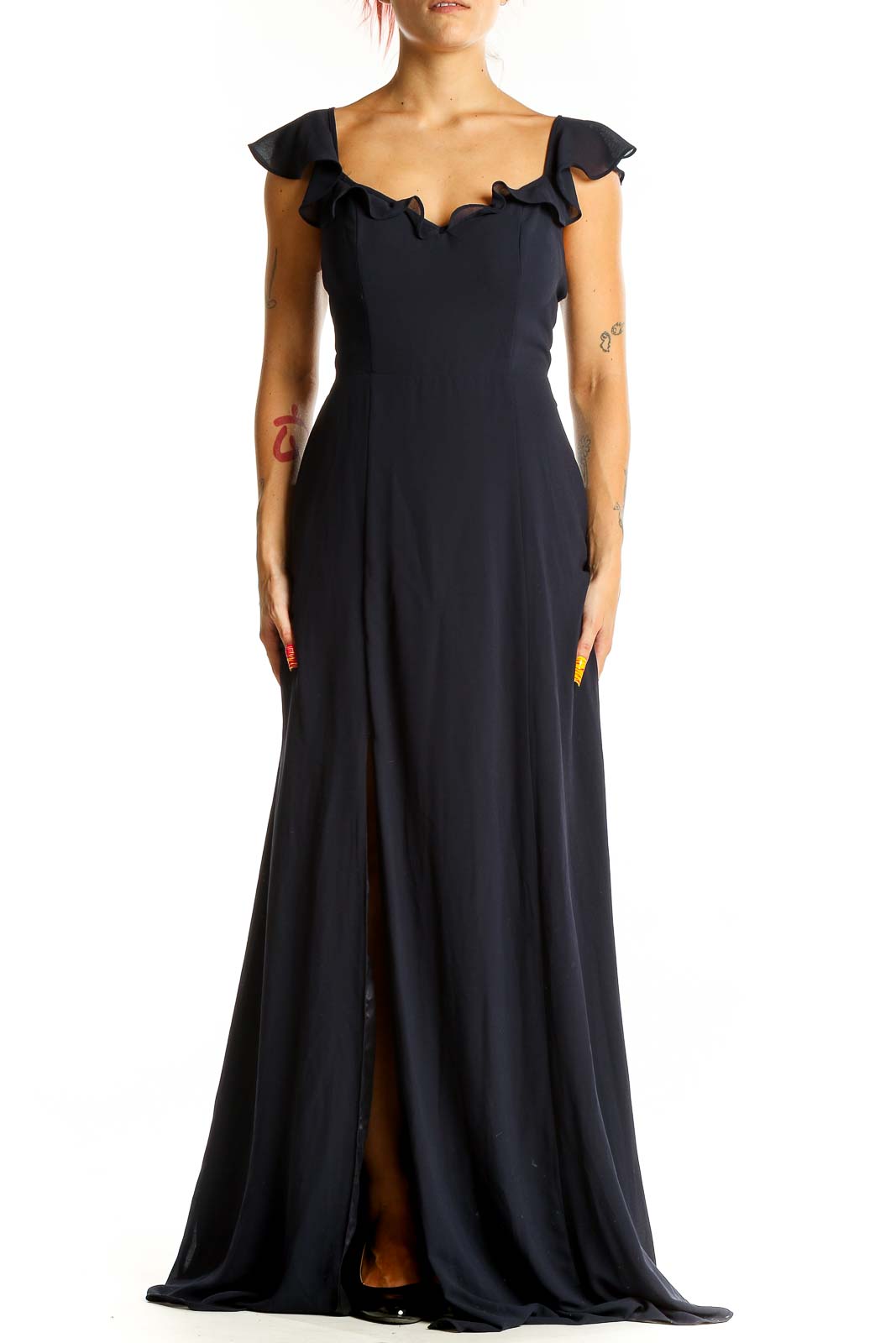 Black Ruffled Sweetheart Maxi Dress Front