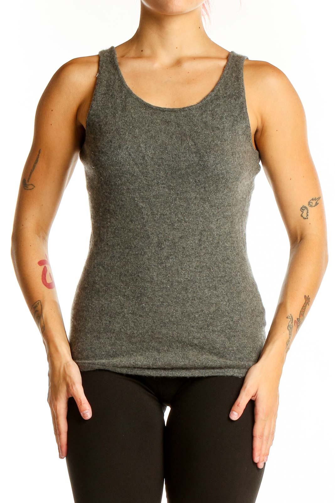 Gray Cashmere Sleeveless Knit Top Front