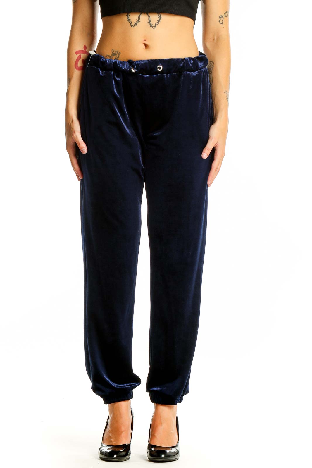 Navy Velvet Jogger Pants Front