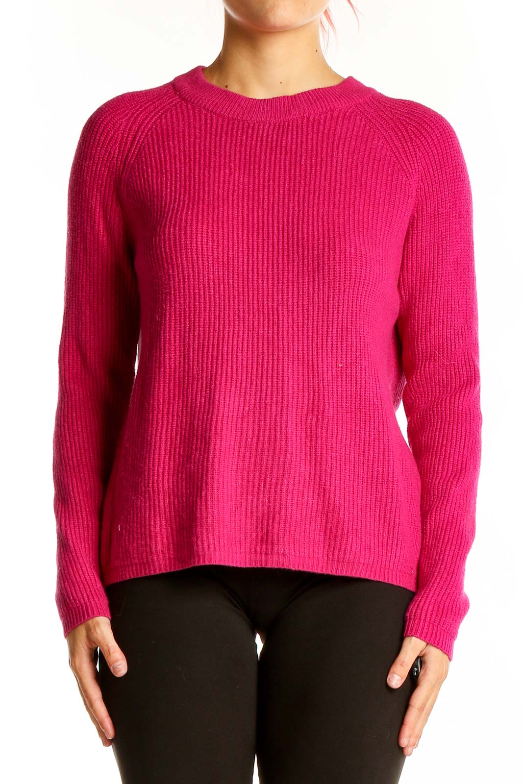 Hot Pink Ribbed Crewneck Sweater Front