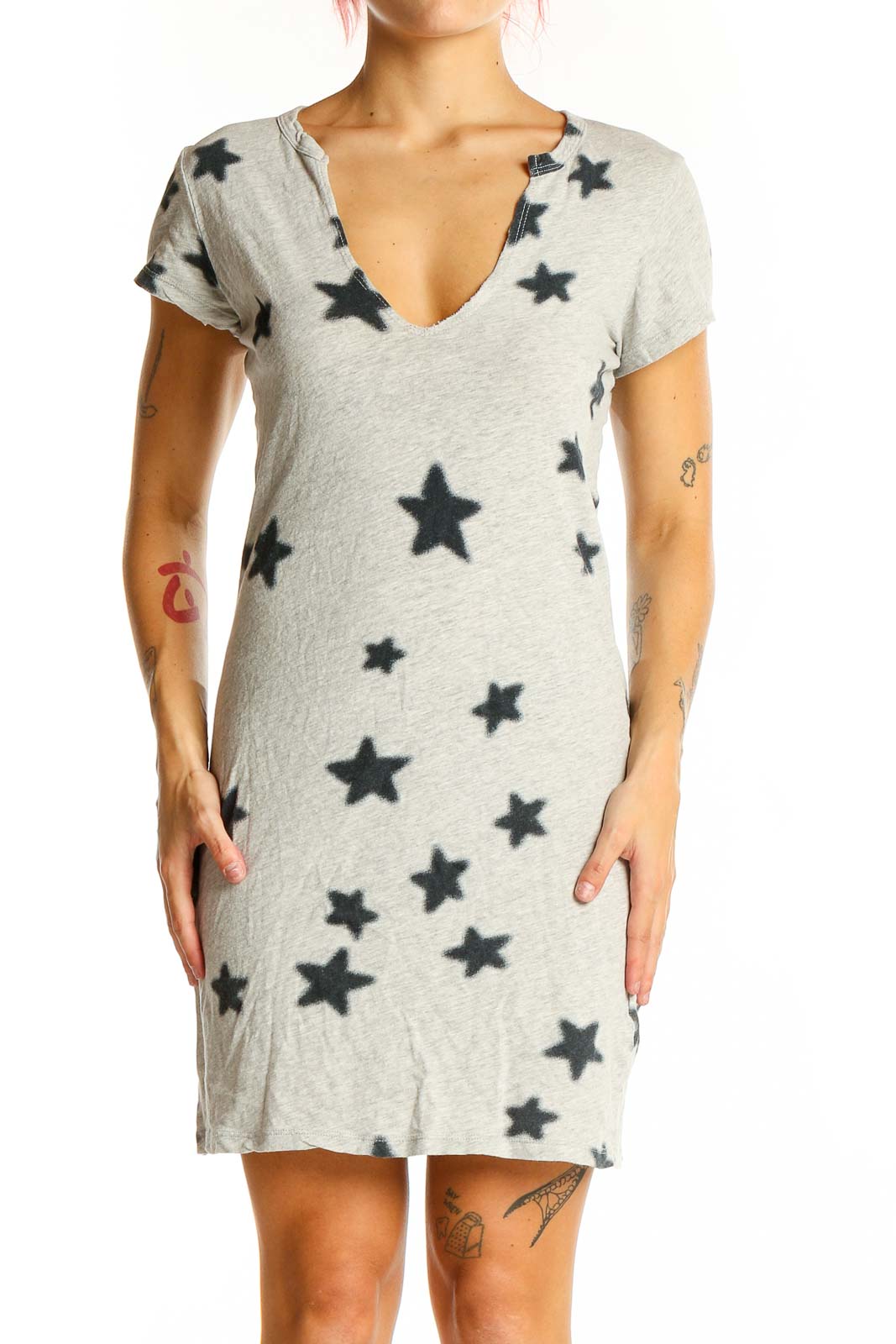 Gray Star Print Cotton T-Shirt Dress Front