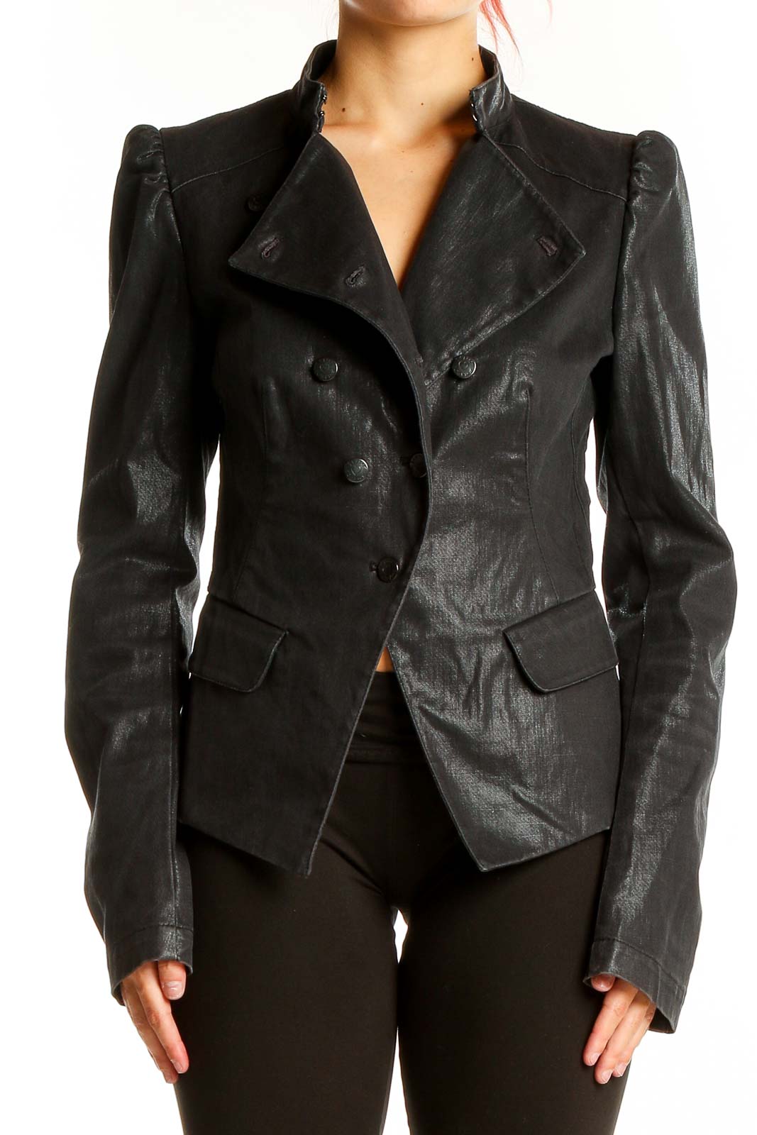 Black Notch Lapel Fitted Jacket Front