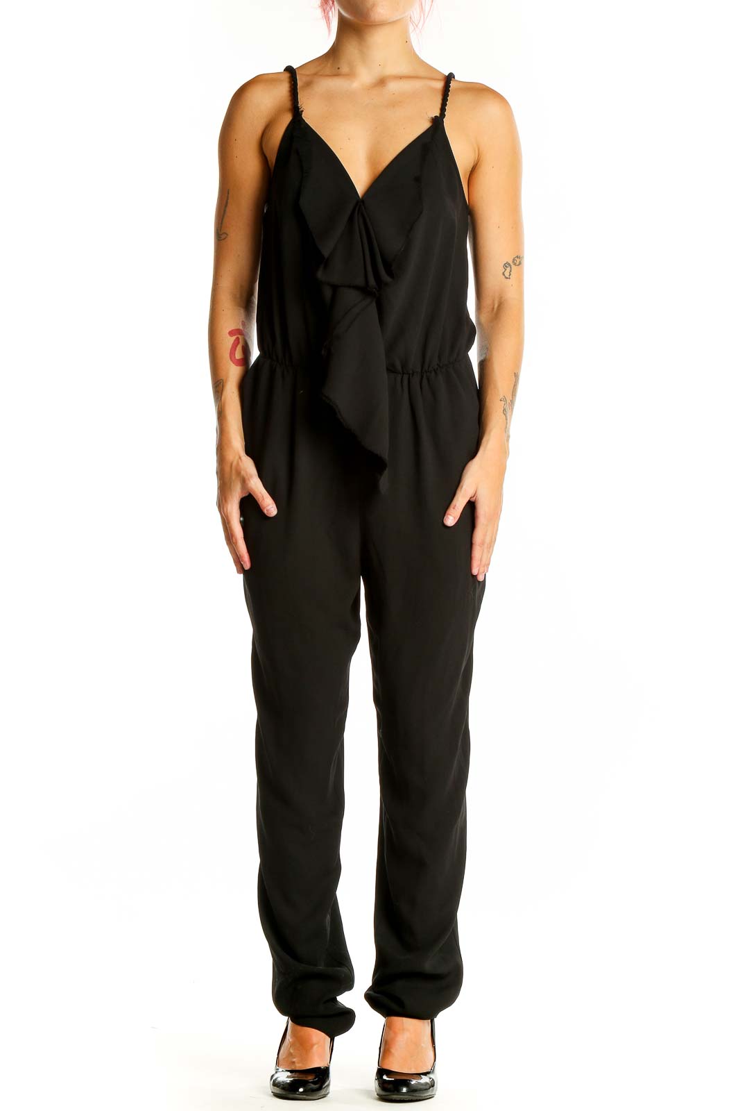 Black Ruffled V-Neck Polyester Jumpsuit Front