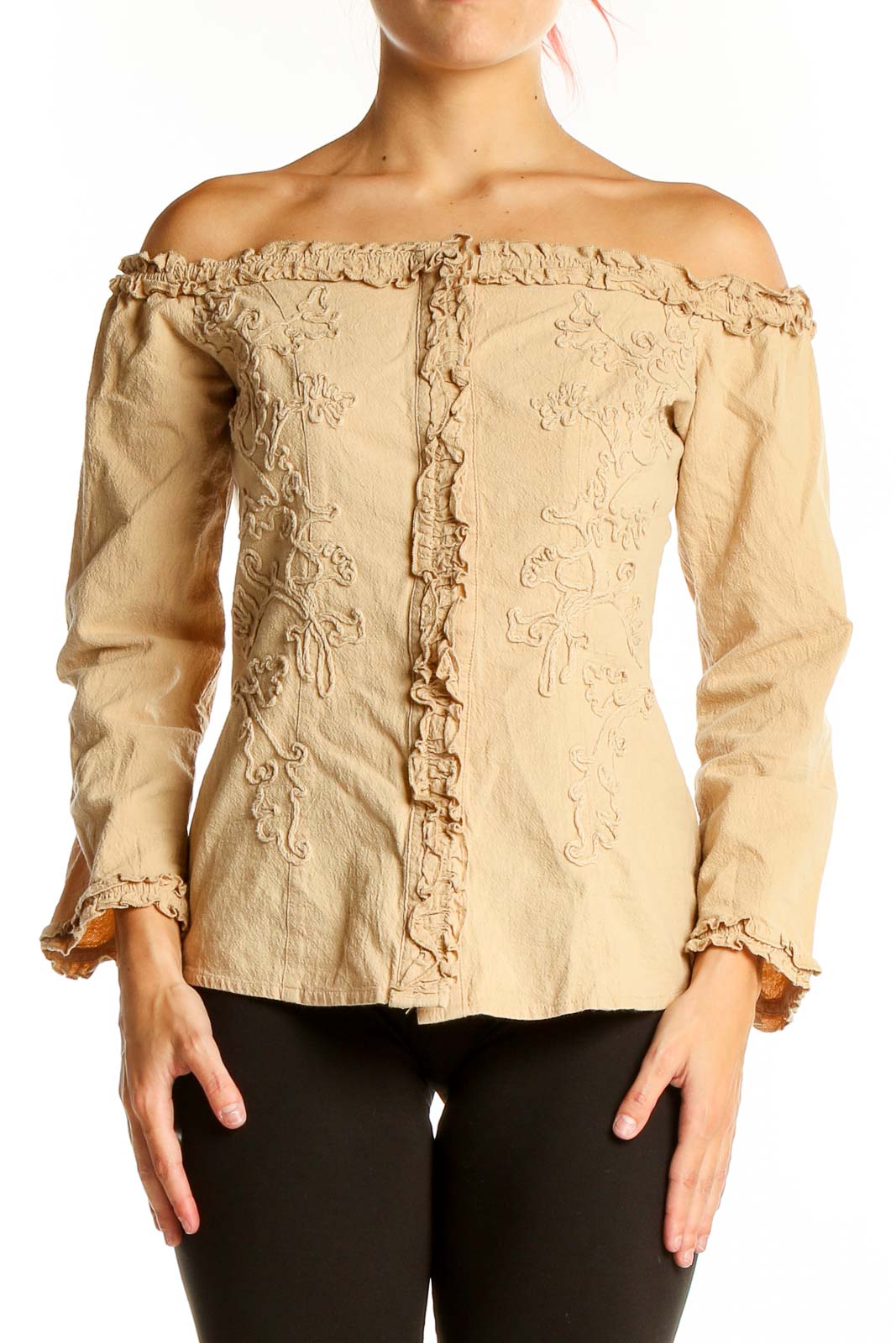 Beige Off-Shoulder Embroidered Cotton Jacket Front
