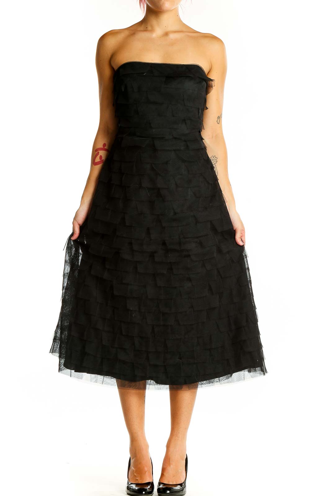 Black Strapless Tiered Tulle Midi Dress Front