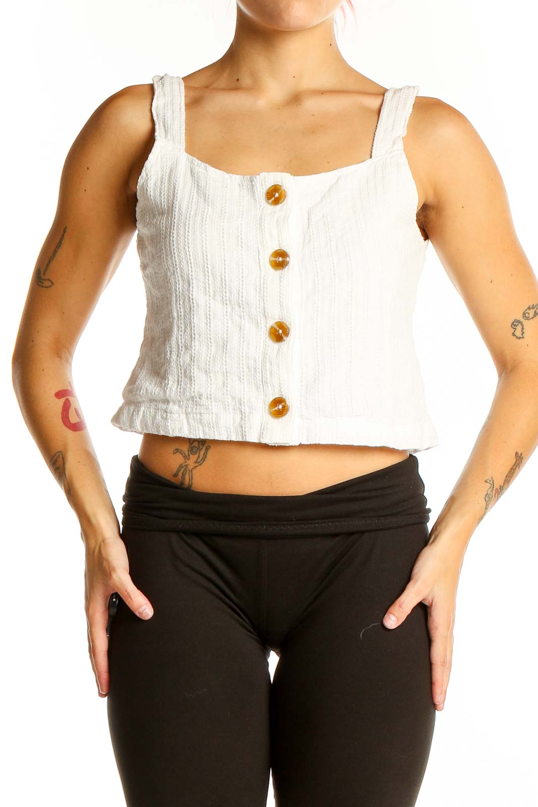 White Cotton Button-Front Crop Top Front