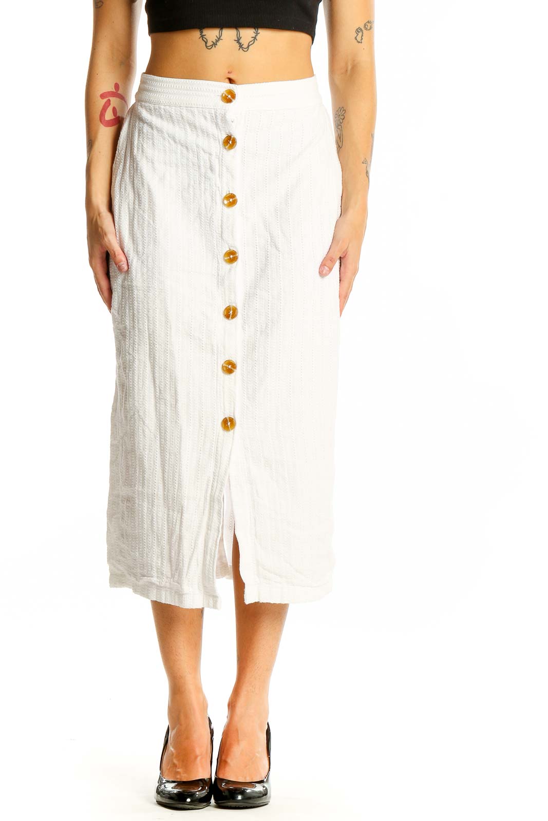 White Solid Button Down Skirt Front