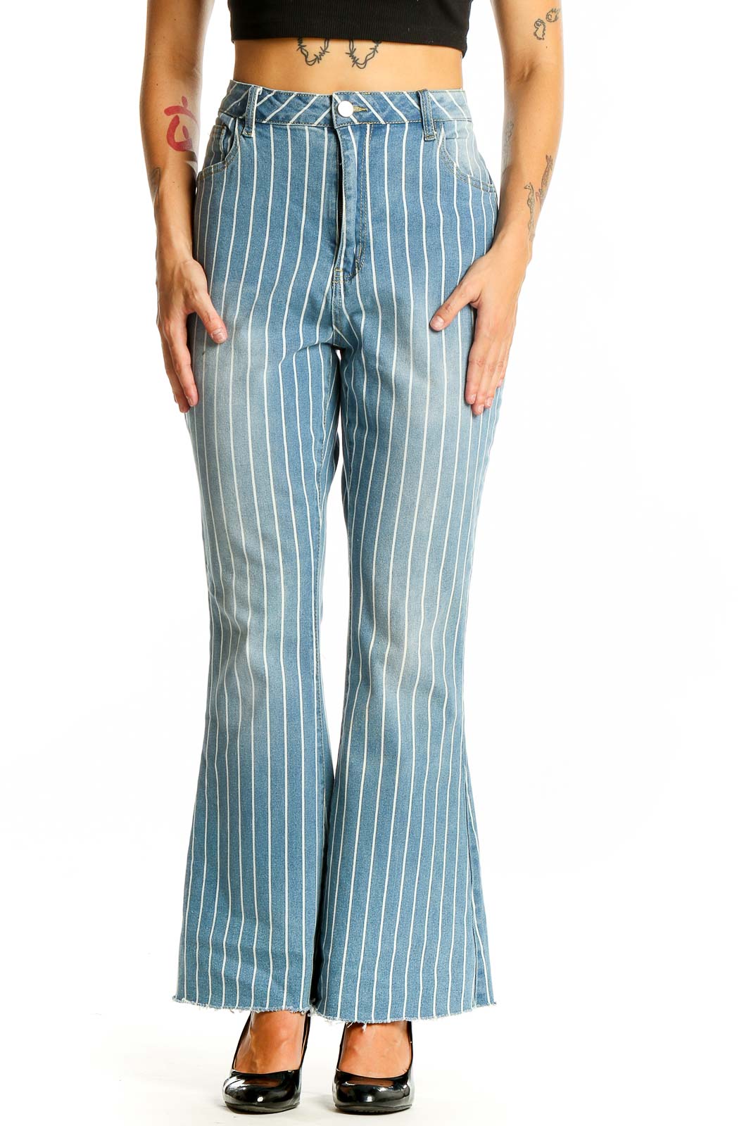 Light Blue Striped Flare Jeans Front