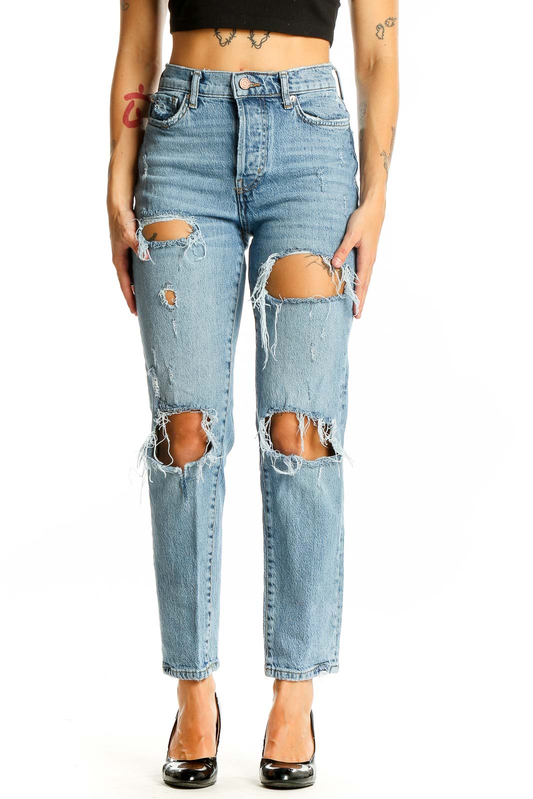 Light Blue Distressed High-Waisted Jeans Front
