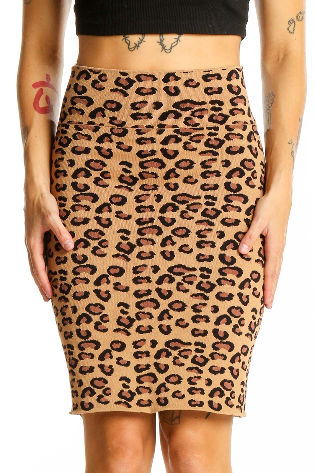 Tan Leopard Print Pencil Skirt Front