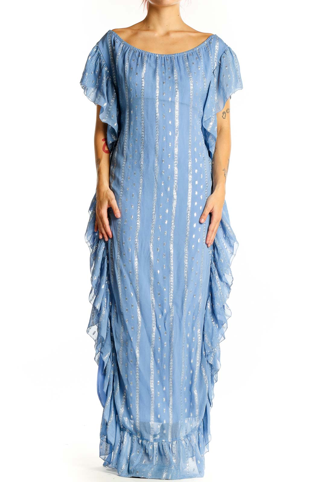 Blue Metallic Ruffled Maxi Dress Front
