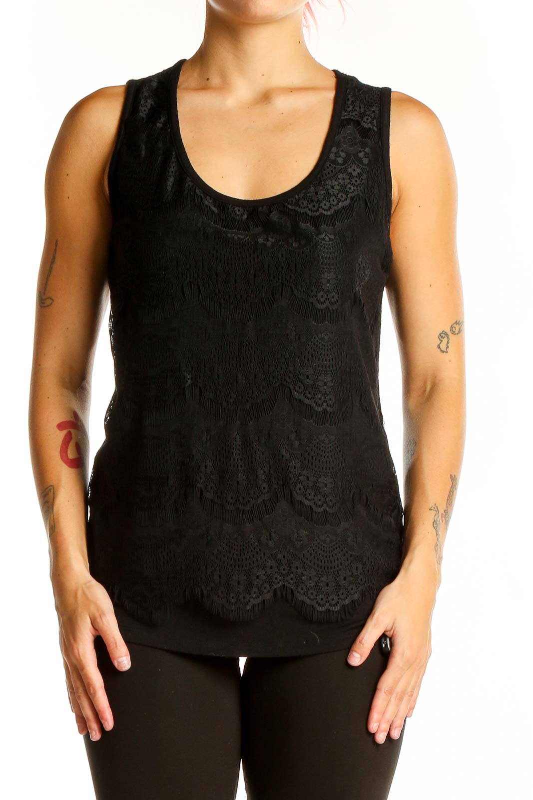 Black Lace Overlay Sleeveless Top Front