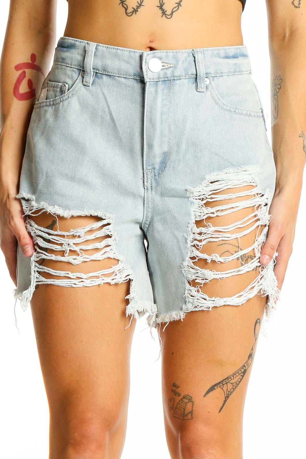 Light Blue Distressed Denim Shorts Front
