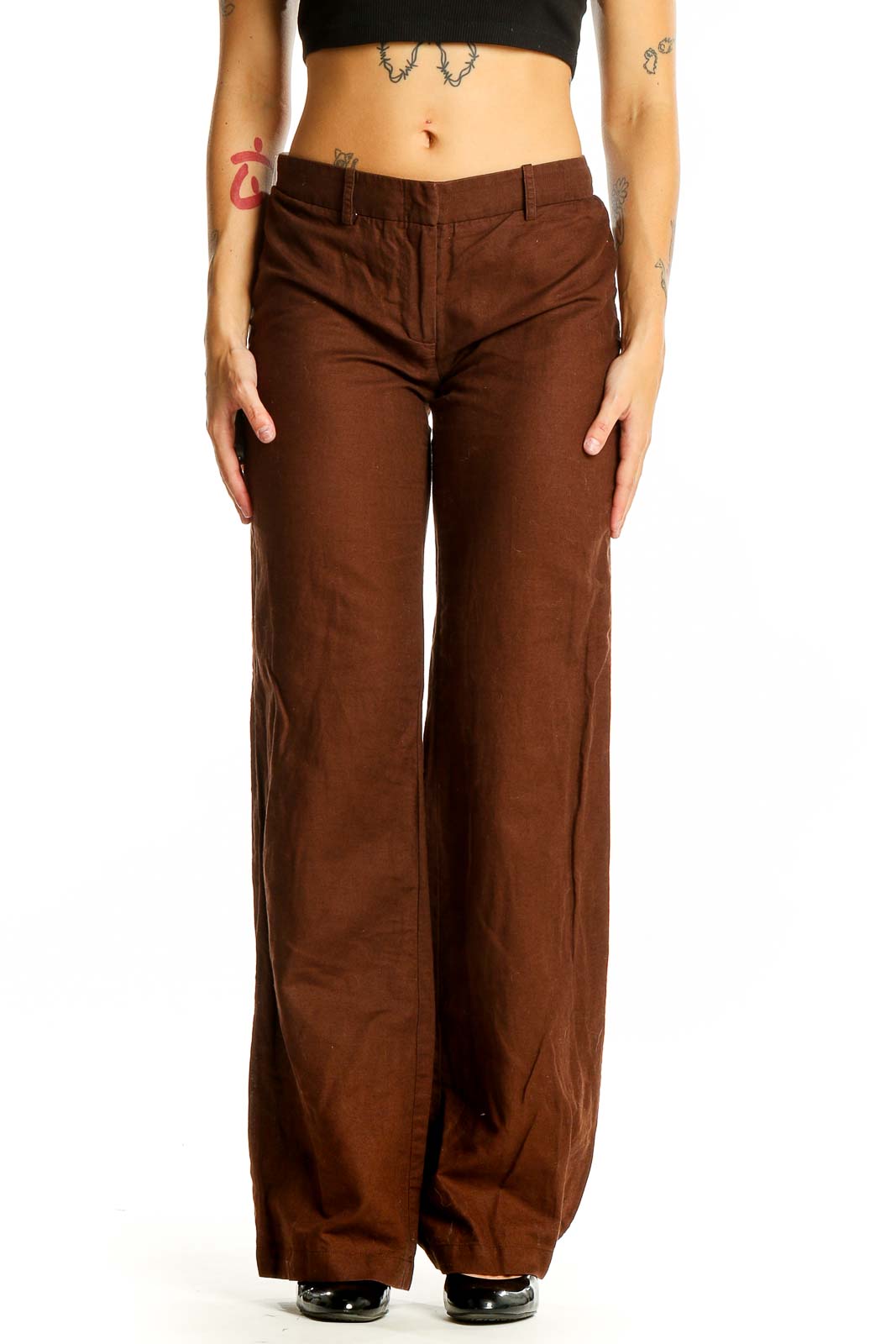 Brown Cotton-Linen Wide-Leg Trousers Front