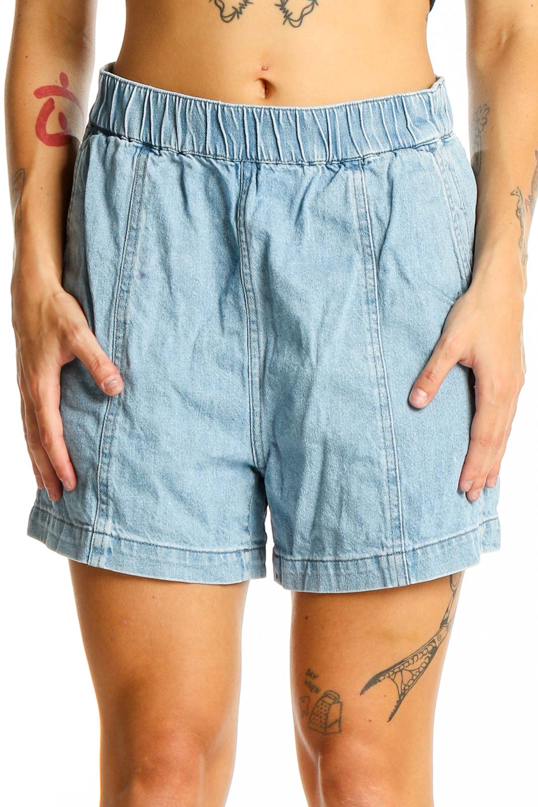 Light Blue Denim Elastic Waist Shorts Front