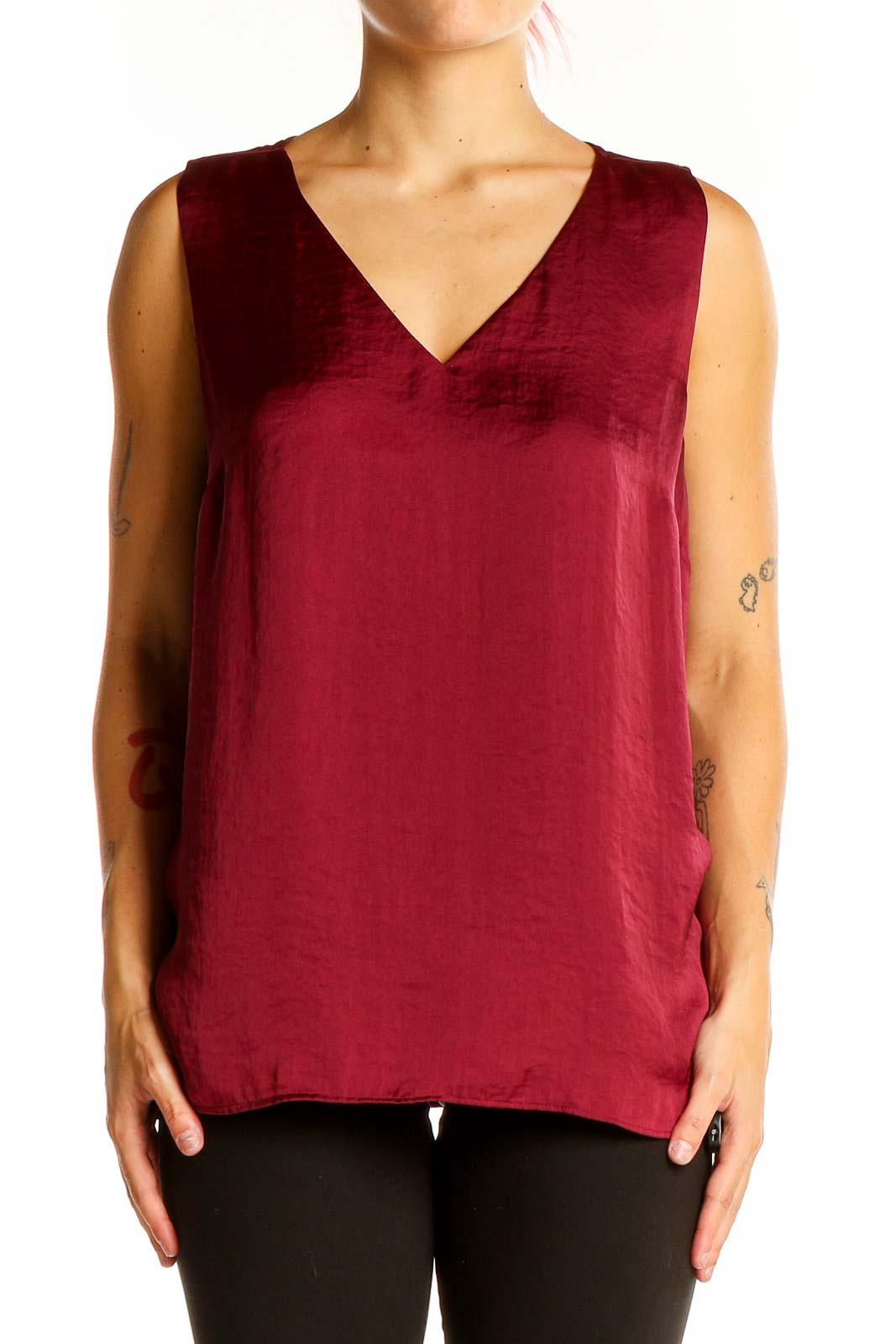 Burgundy V-Neck Sleeveless Polyester Top Front
