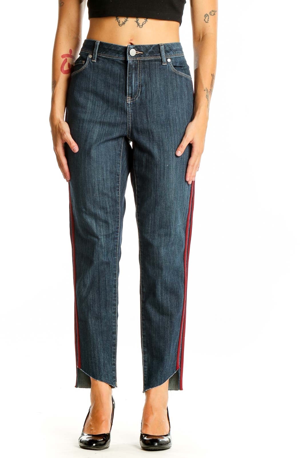Dark Blue Denim Jeans with Red Side Stripes Front