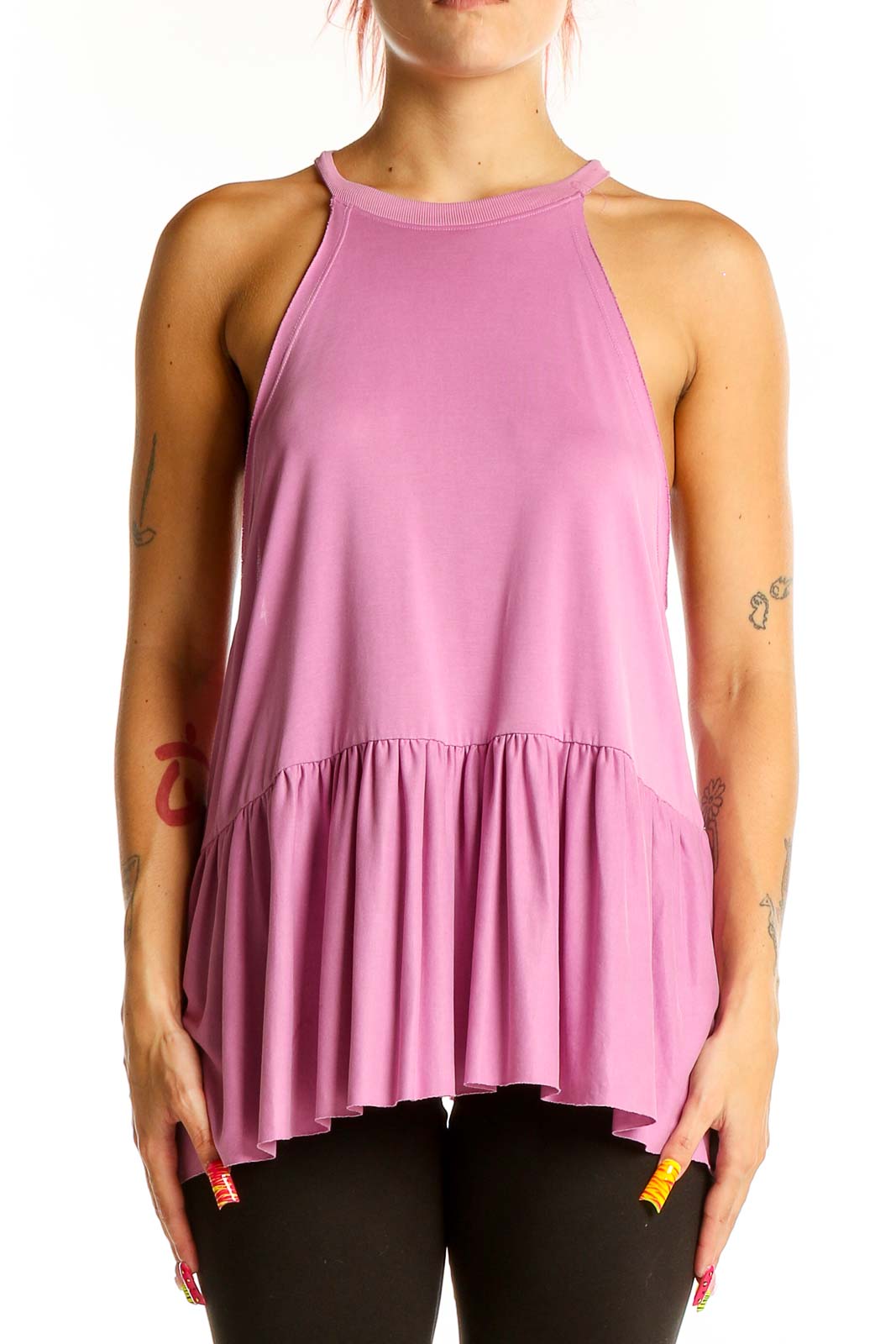 Pink Flowy Peplum Tank Top Front