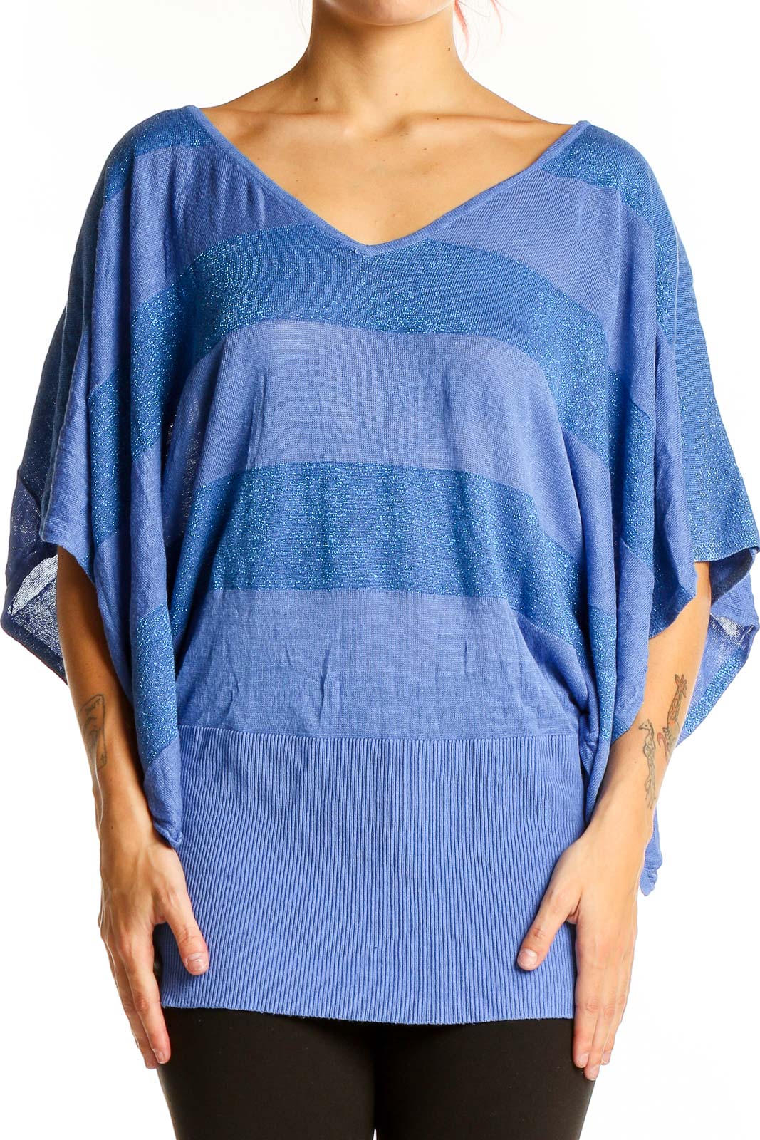Blue Striped Metallic Knit Top Front