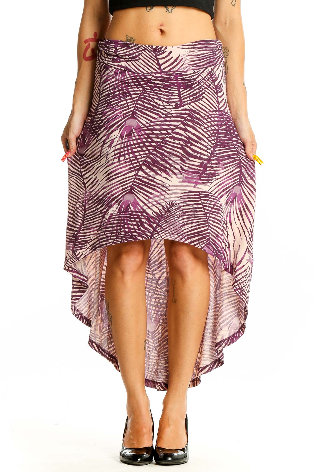 Purple Palm Print High-Low Skirt Front