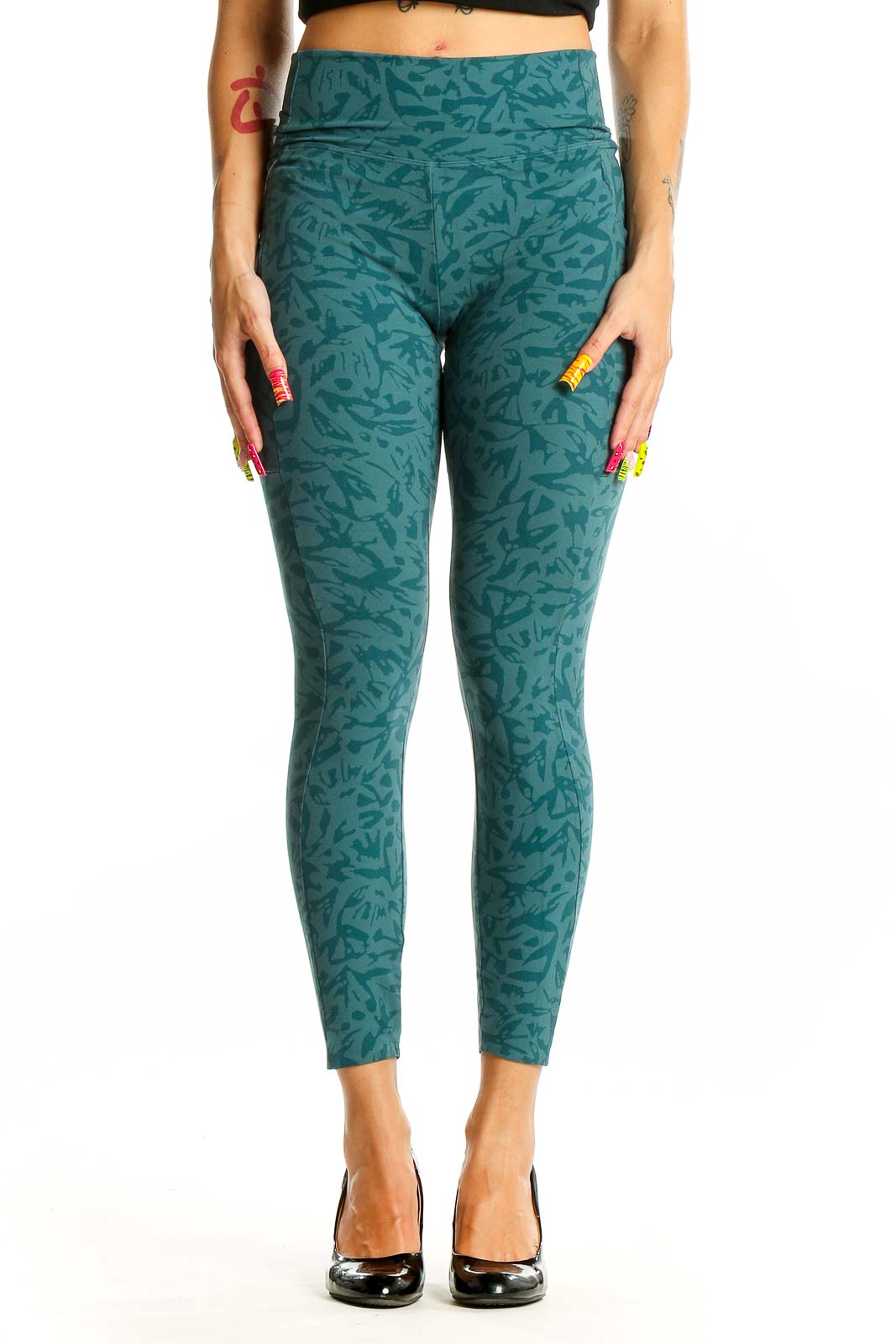 Green Abstract Print Leggings Front