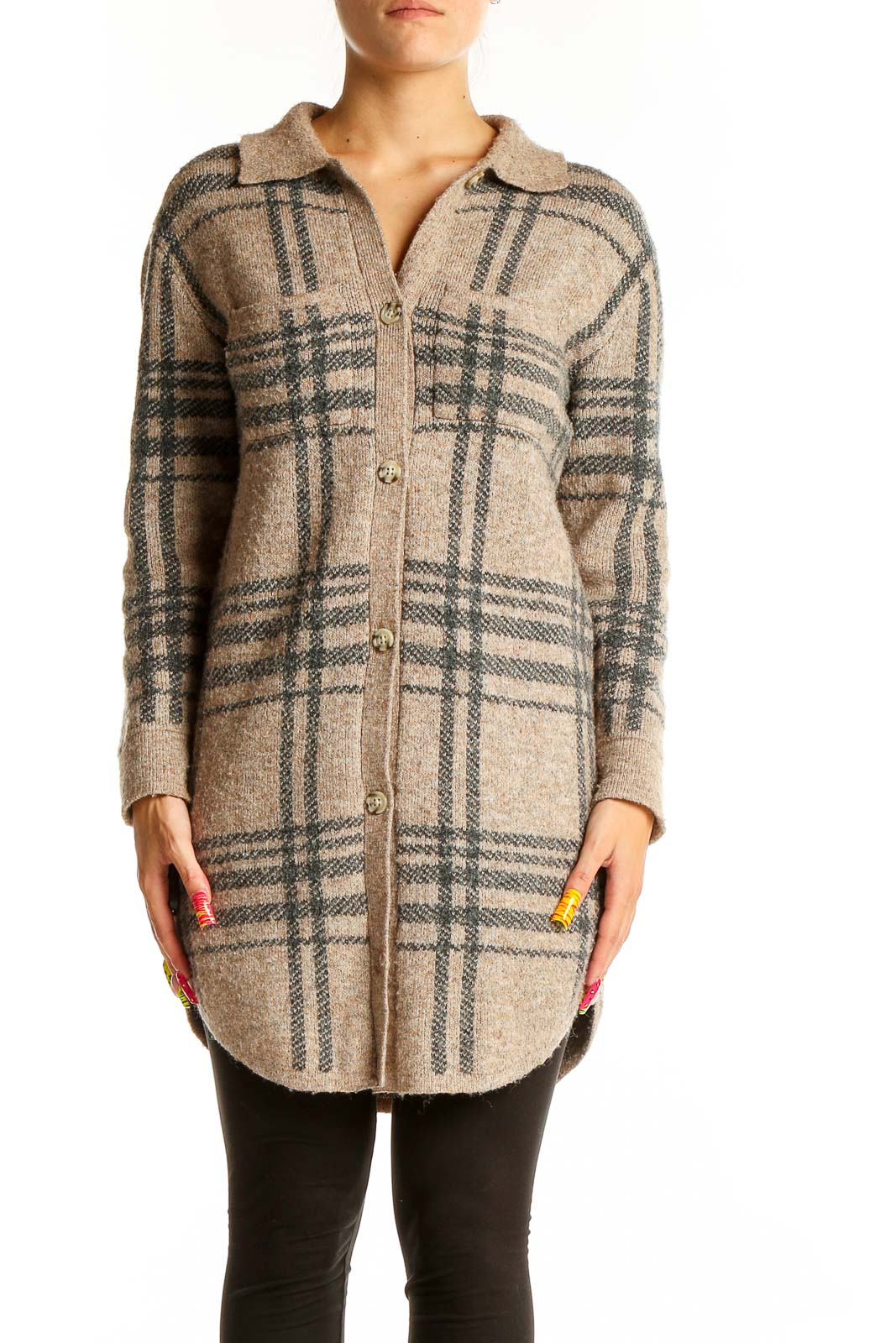 Beige Plaid Button-Up Knit Cardigan Front
