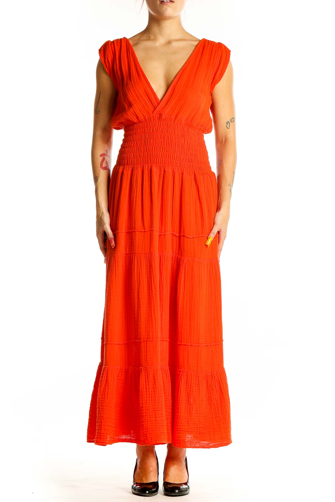 Orange Retro Solid Dress Front