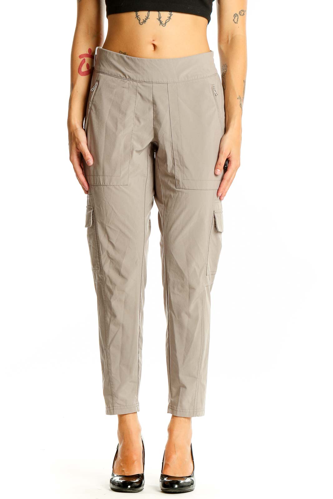 Beige Cargo-Style Athletic Pants Front