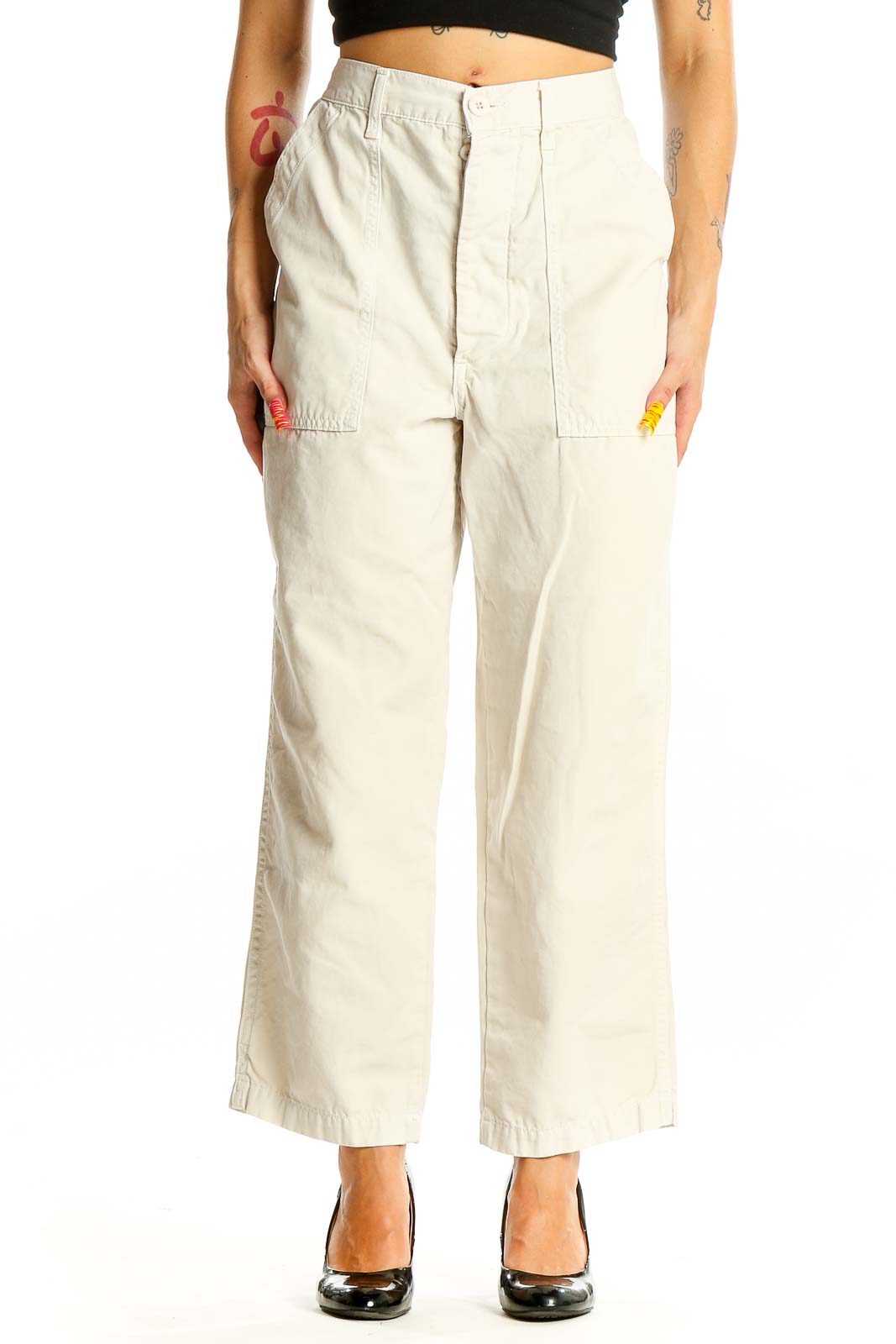 Beige Cotton Wide-Leg Pants Front