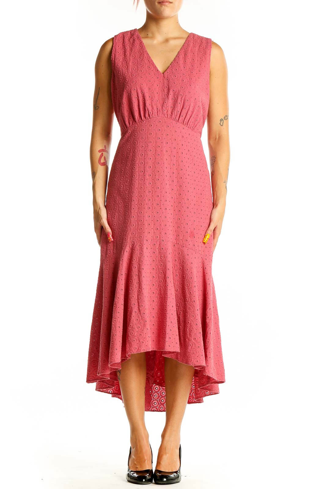 Pink Eyelet Cotton Midi Dress Front