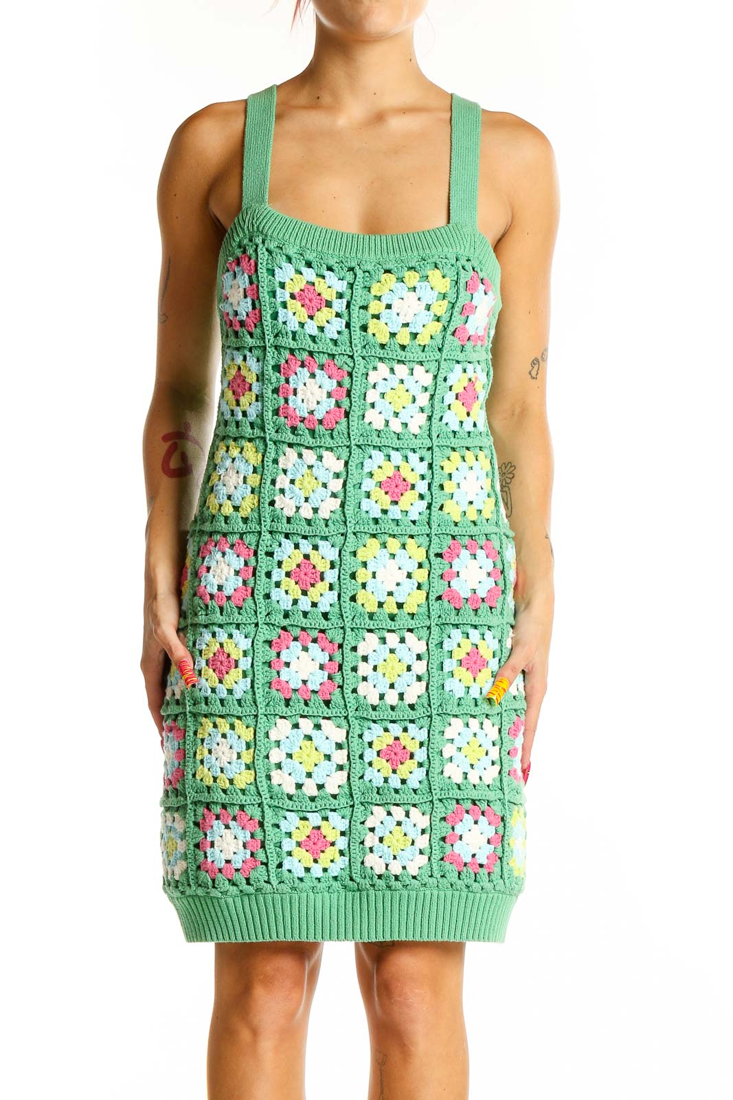 Green Blue Holiday Bohemian Knit Dress Front