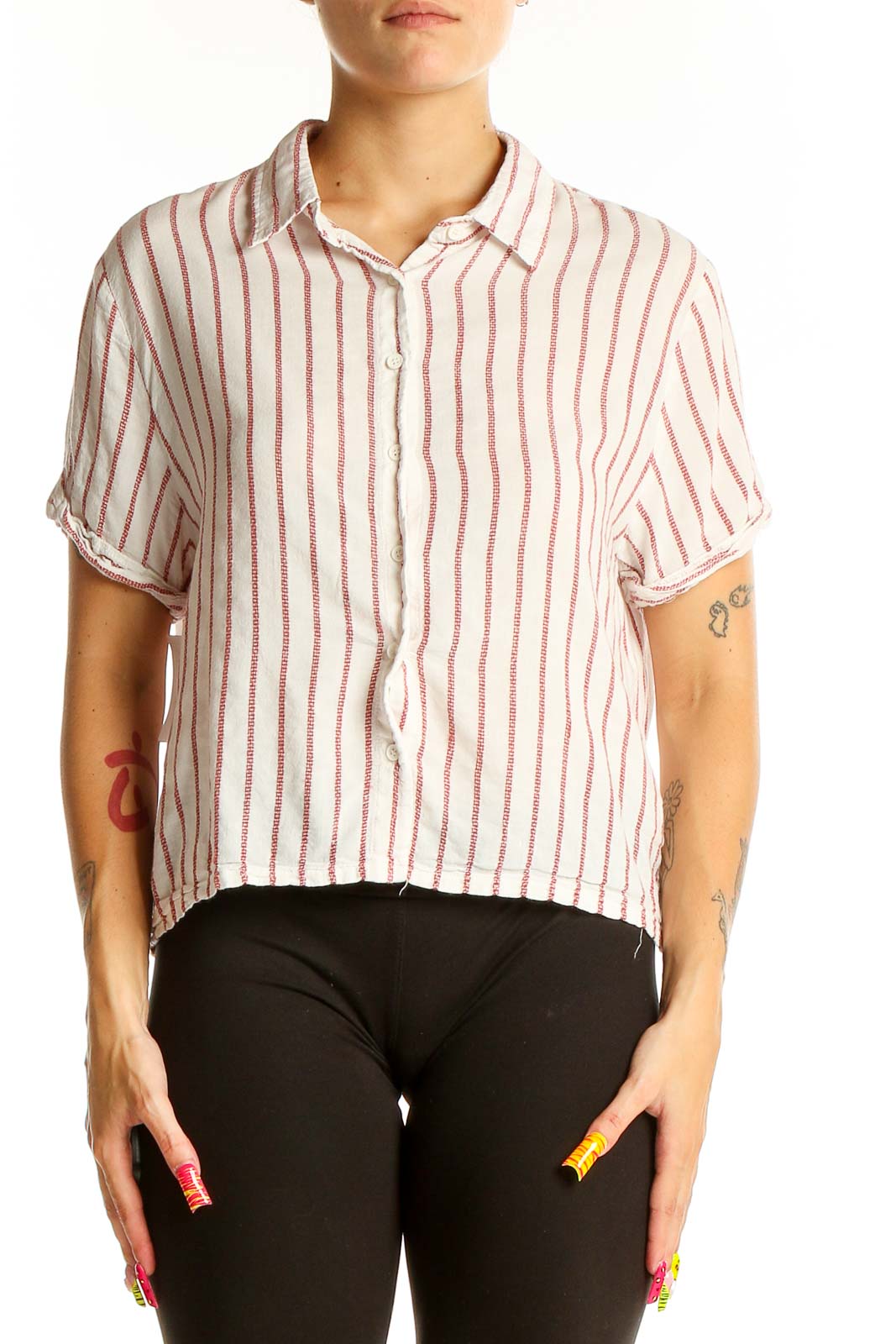 White and Red Striped Cotton Crop Top Front