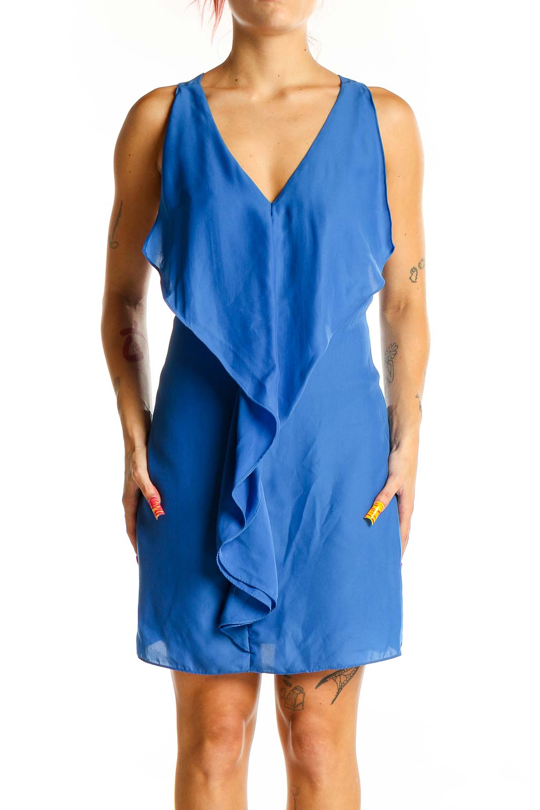 Blue Ruffled V-Neck Sleeveless Mini Dress Front