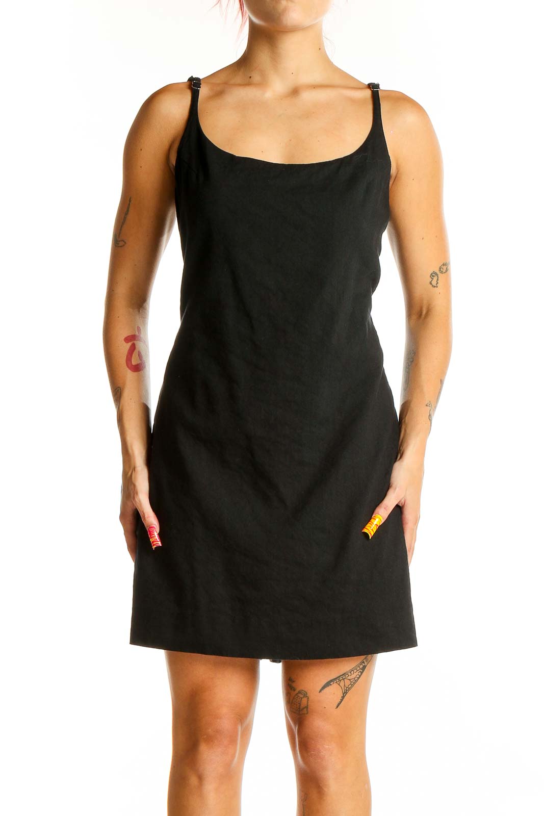 Black Linen Blend Sleeveless Mini Dress Front