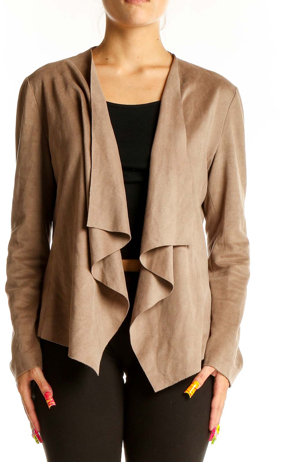 Taupe Suede-Like Draped Jacket Front