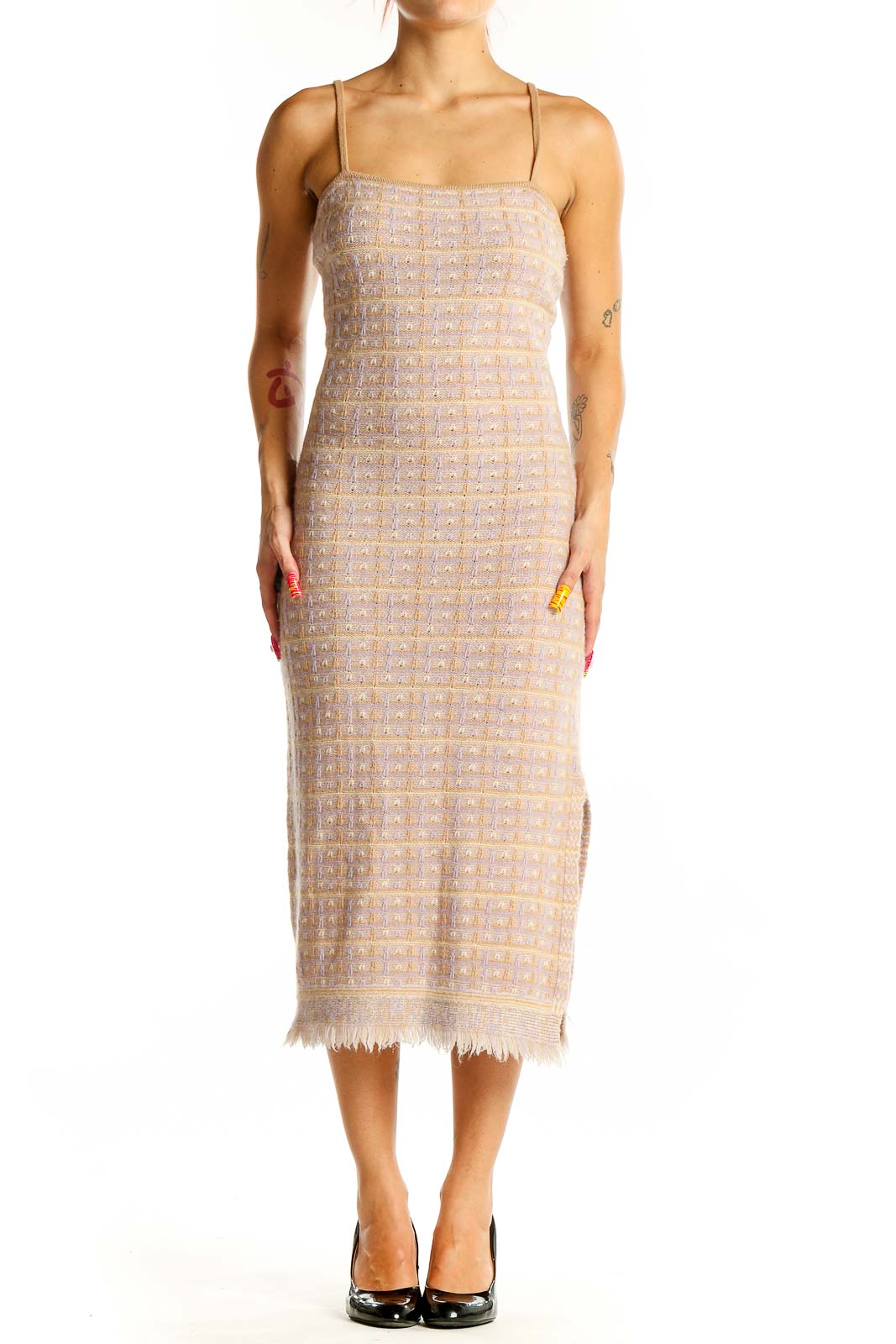 Beige Check Knit Dress Front