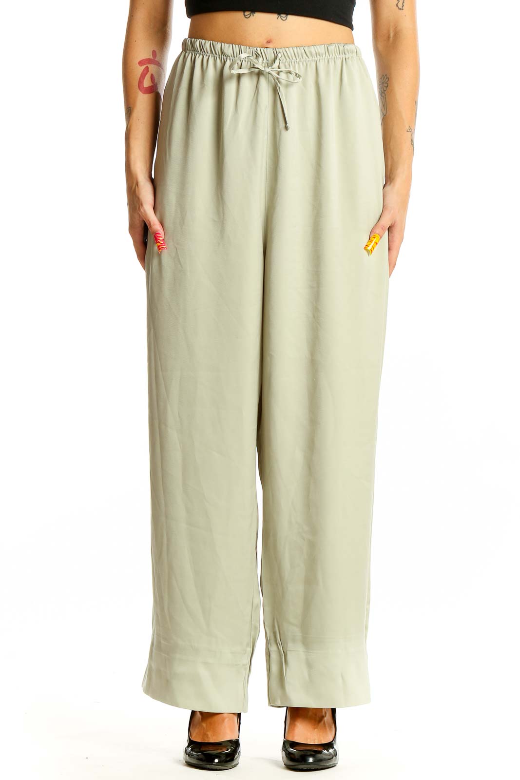 Sage Green Relaxed Wide-Leg Drawstring Pants Front